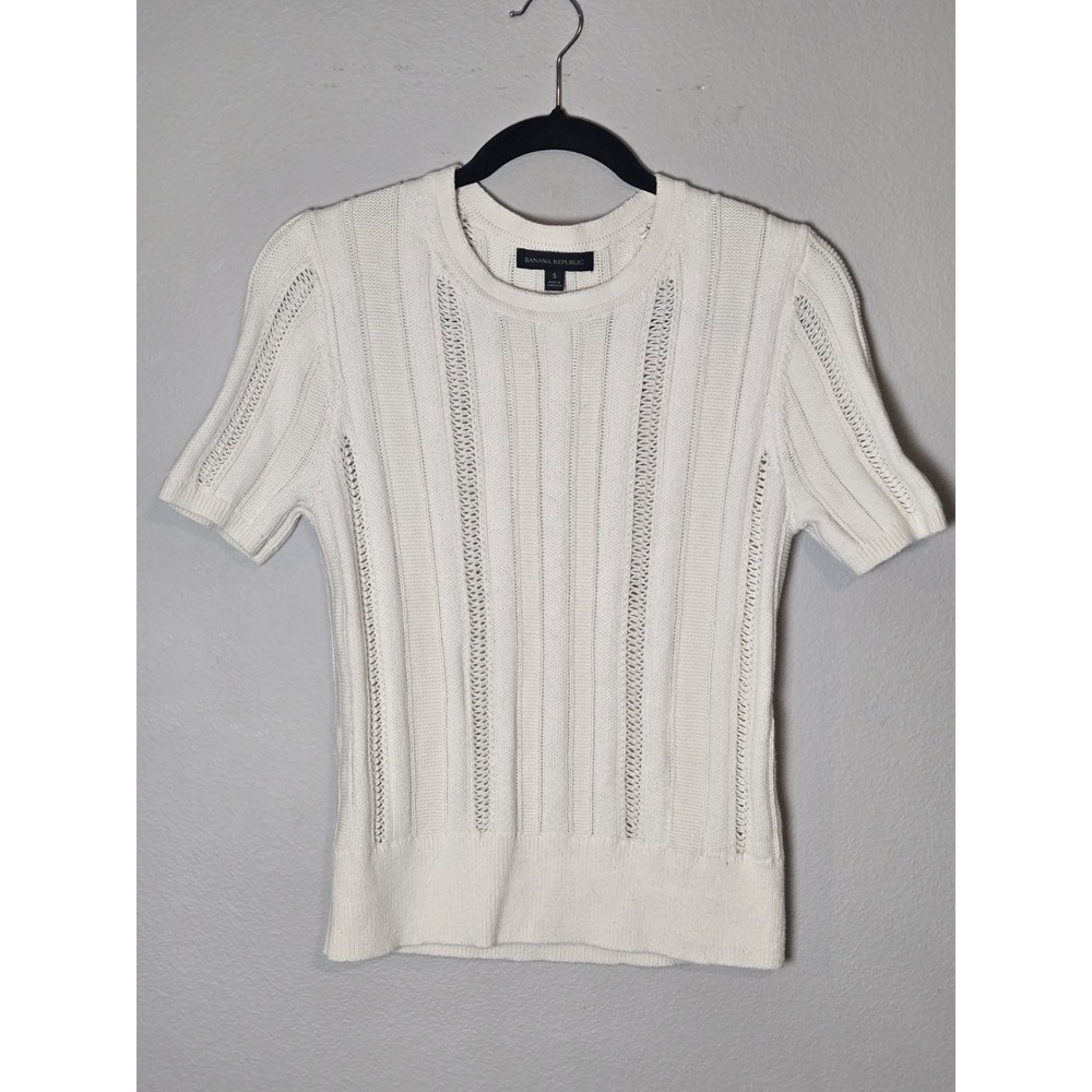Banana Republic Sz S Cream Open Knit Eyelet Short Sleeve Sweater Top Preppy